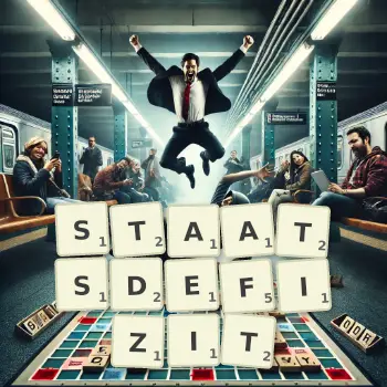 Kreative Illustration für ein Scrabble-Spiel, bei dem das Wort STAATSDEFIZIT mit Steinen auf dem Brett gelegt wurde.