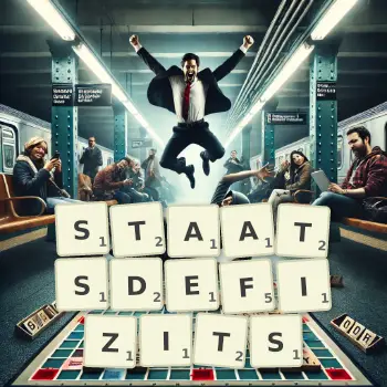 Kreative Illustration für ein Scrabble-Spiel, bei dem das Wort STAATSDEFIZITS mit Steinen auf dem Brett gelegt wurde.