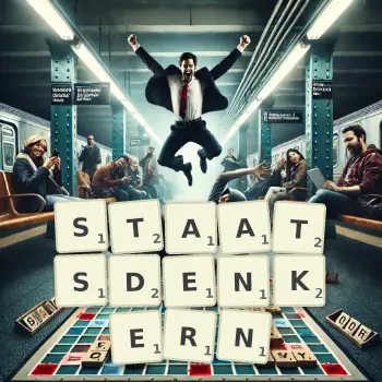 Kreative Illustration für ein Scrabble-Spiel, bei dem das Wort STAATSDENKERN mit Steinen auf dem Brett gelegt wurde.