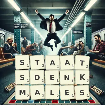 Kreative Illustration für ein Scrabble-Spiel, bei dem das Wort STAATSDENKMALES mit Steinen auf dem Brett gelegt wurde.