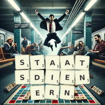 Kreative Illustration für ein Scrabble-Spiel, bei dem das Wort STAATSDIENERN mit Steinen auf dem Brett gelegt wurde.