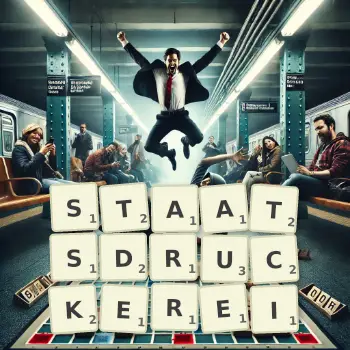 Kreative Illustration für ein Scrabble-Spiel, bei dem das Wort STAATSDRUCKEREI mit Steinen auf dem Brett gelegt wurde.