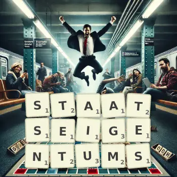 Kreative Illustration für ein Scrabble-Spiel, bei dem das Wort STAATSEIGENTUMS mit Steinen auf dem Brett gelegt wurde.