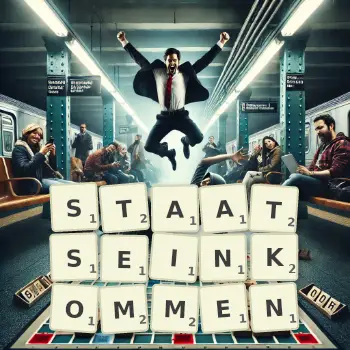 Kreative Illustration für ein Scrabble-Spiel, bei dem das Wort STAATSEINKOMMEN mit Steinen auf dem Brett gelegt wurde.