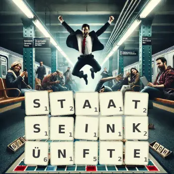 Kreative Illustration für ein Scrabble-Spiel, bei dem das Wort STAATSEINKÜNFTE mit Steinen auf dem Brett gelegt wurde.