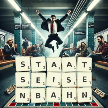 Kreative Illustration für ein Scrabble-Spiel, bei dem das Wort STAATSEISENBAHN mit Steinen auf dem Brett gelegt wurde.