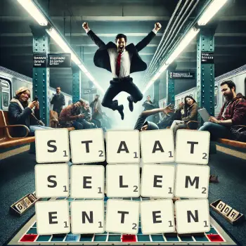 Kreative Illustration für ein Scrabble-Spiel, bei dem das Wort STAATSELEMENTEN mit Steinen auf dem Brett gelegt wurde.