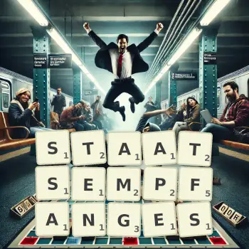 Kreative Illustration für ein Scrabble-Spiel, bei dem das Wort STAATSEMPFANGES mit Steinen auf dem Brett gelegt wurde.