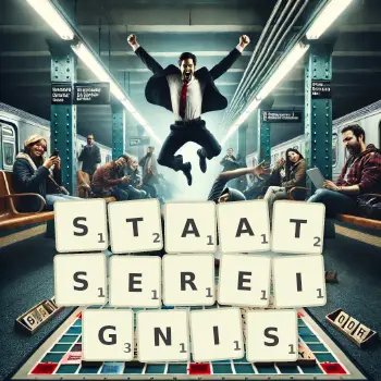 Kreative Illustration für ein Scrabble-Spiel, bei dem das Wort STAATSEREIGNIS mit Steinen auf dem Brett gelegt wurde.