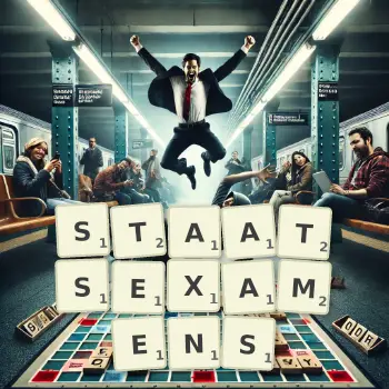 Kreative Illustration für ein Scrabble-Spiel, bei dem das Wort STAATSEXAMENS mit Steinen auf dem Brett gelegt wurde.
