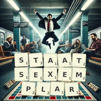 Kreative Illustration für ein Scrabble-Spiel, bei dem das Wort STAATSEXEMPLAR mit Steinen auf dem Brett gelegt wurde.