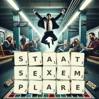 Kreative Illustration für ein Scrabble-Spiel, bei dem das Wort STAATSEXEMPLARE mit Steinen auf dem Brett gelegt wurde.