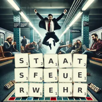 Kreative Illustration für ein Scrabble-Spiel, bei dem das Wort STAATSFEUERWEHR mit Steinen auf dem Brett gelegt wurde.