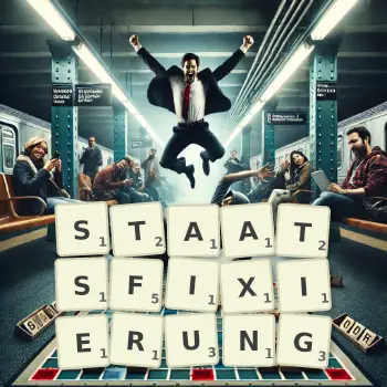 Kreative Illustration für ein Scrabble-Spiel, bei dem das Wort STAATSFIXIERUNG mit Steinen auf dem Brett gelegt wurde.