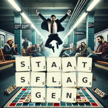 Kreative Illustration für ein Scrabble-Spiel, bei dem das Wort STAATSFLAGGEN mit Steinen auf dem Brett gelegt wurde.