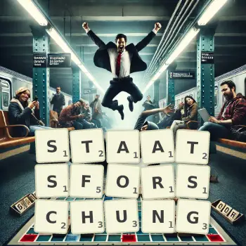 Kreative Illustration für ein Scrabble-Spiel, bei dem das Wort STAATSFORSCHUNG mit Steinen auf dem Brett gelegt wurde.