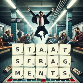 Kreative Illustration für ein Scrabble-Spiel, bei dem das Wort STAATSFRAGMENTS mit Steinen auf dem Brett gelegt wurde.