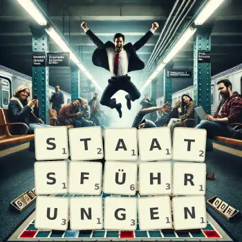 Kreative Illustration für ein Scrabble-Spiel, bei dem das Wort STAATSFÜHRUNGEN mit Steinen auf dem Brett gelegt wurde.