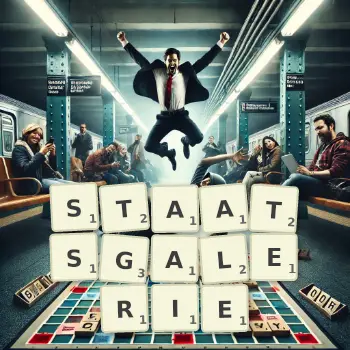 Kreative Illustration für ein Scrabble-Spiel, bei dem das Wort STAATSGALERIE mit Steinen auf dem Brett gelegt wurde.