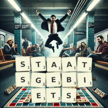 Kreative Illustration für ein Scrabble-Spiel, bei dem das Wort STAATSGEBIETS mit Steinen auf dem Brett gelegt wurde.