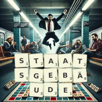 Kreative Illustration für ein Scrabble-Spiel, bei dem das Wort STAATSGEBÄUDE mit Steinen auf dem Brett gelegt wurde.