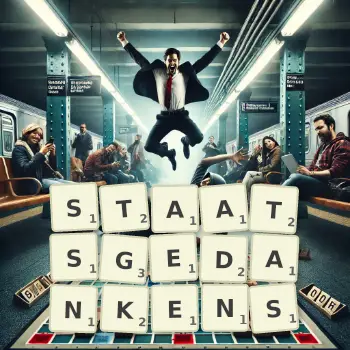 Kreative Illustration für ein Scrabble-Spiel, bei dem das Wort STAATSGEDANKENS mit Steinen auf dem Brett gelegt wurde.