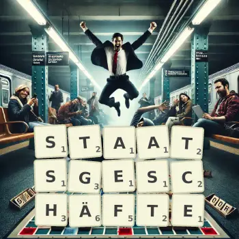 Kreative Illustration für ein Scrabble-Spiel, bei dem das Wort STAATSGESCHÄFTE mit Steinen auf dem Brett gelegt wurde.