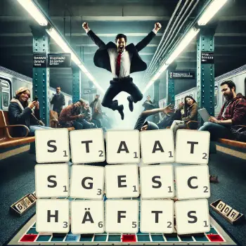 Kreative Illustration für ein Scrabble-Spiel, bei dem das Wort STAATSGESCHÄFTS mit Steinen auf dem Brett gelegt wurde.
