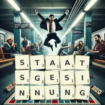 Kreative Illustration für ein Scrabble-Spiel, bei dem das Wort STAATSGESINNUNG mit Steinen auf dem Brett gelegt wurde.
