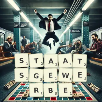 Kreative Illustration für ein Scrabble-Spiel, bei dem das Wort STAATSGEWERBE mit Steinen auf dem Brett gelegt wurde.