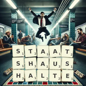 Kreative Illustration für ein Scrabble-Spiel, bei dem das Wort STAATSHAUSHALTE mit Steinen auf dem Brett gelegt wurde.