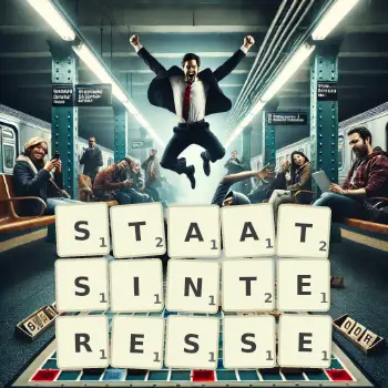 Kreative Illustration für ein Scrabble-Spiel, bei dem das Wort STAATSINTERESSE mit Steinen auf dem Brett gelegt wurde.
