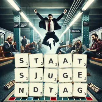Kreative Illustration für ein Scrabble-Spiel, bei dem das Wort STAATSJUGENDTAG mit Steinen auf dem Brett gelegt wurde.