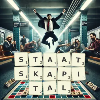 Kreative Illustration für ein Scrabble-Spiel, bei dem das Wort STAATSKAPITAL mit Steinen auf dem Brett gelegt wurde.