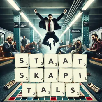 Kreative Illustration für ein Scrabble-Spiel, bei dem das Wort STAATSKAPITALS mit Steinen auf dem Brett gelegt wurde.