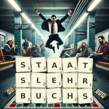 Kreative Illustration für ein Scrabble-Spiel, bei dem das Wort STAATSLEHRBUCHS mit Steinen auf dem Brett gelegt wurde.