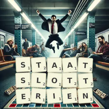 Kreative Illustration für ein Scrabble-Spiel, bei dem das Wort STAATSLOTTERIEN mit Steinen auf dem Brett gelegt wurde.