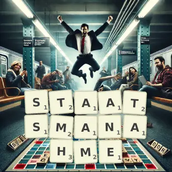 Kreative Illustration für ein Scrabble-Spiel, bei dem das Wort STAATSMANAHME mit Steinen auf dem Brett gelegt wurde.