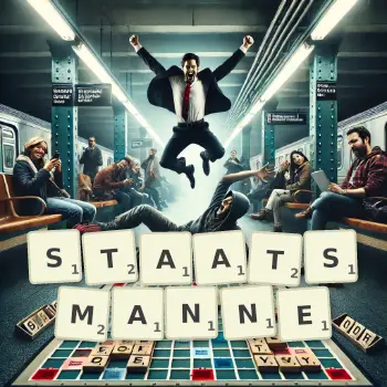 Kreative Illustration für ein Scrabble-Spiel, bei dem das Wort STAATSMANNE mit Steinen auf dem Brett gelegt wurde.
