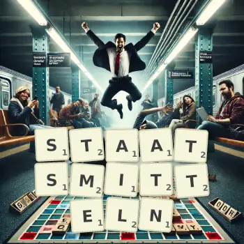 Kreative Illustration für ein Scrabble-Spiel, bei dem das Wort STAATSMITTELN mit Steinen auf dem Brett gelegt wurde.