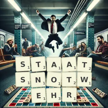 Kreative Illustration für ein Scrabble-Spiel, bei dem das Wort STAATSNOTWEHR mit Steinen auf dem Brett gelegt wurde.