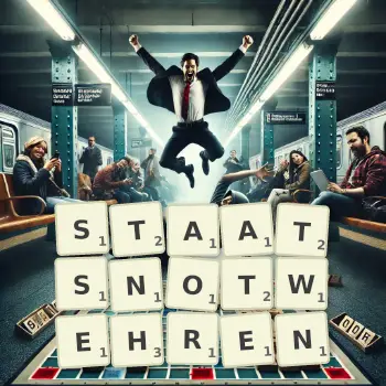 Kreative Illustration für ein Scrabble-Spiel, bei dem das Wort STAATSNOTWEHREN mit Steinen auf dem Brett gelegt wurde.