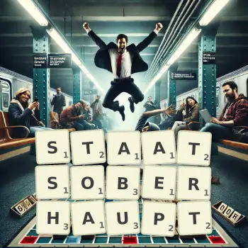 Kreative Illustration für ein Scrabble-Spiel, bei dem das Wort STAATSOBERHAUPT mit Steinen auf dem Brett gelegt wurde.