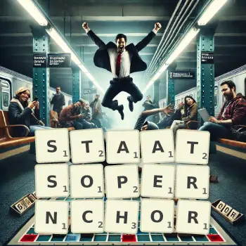 Kreative Illustration für ein Scrabble-Spiel, bei dem das Wort STAATSOPERNCHOR mit Steinen auf dem Brett gelegt wurde.