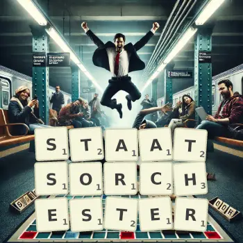 Kreative Illustration für ein Scrabble-Spiel, bei dem das Wort STAATSORCHESTER mit Steinen auf dem Brett gelegt wurde.