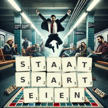 Kreative Illustration für ein Scrabble-Spiel, bei dem das Wort STAATSPARTEIEN mit Steinen auf dem Brett gelegt wurde.