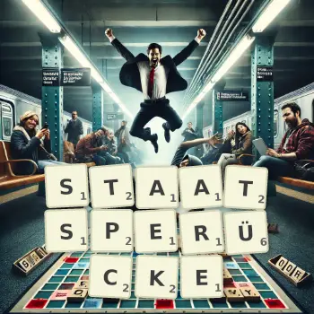 Kreative Illustration für ein Scrabble-Spiel, bei dem das Wort STAATSPERÜCKE mit Steinen auf dem Brett gelegt wurde.