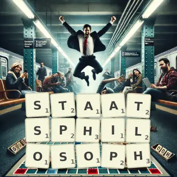 Kreative Illustration für ein Scrabble-Spiel, bei dem das Wort STAATSPHILOSOPH mit Steinen auf dem Brett gelegt wurde.