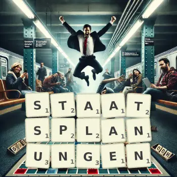 Kreative Illustration für ein Scrabble-Spiel, bei dem das Wort STAATSPLANUNGEN mit Steinen auf dem Brett gelegt wurde.