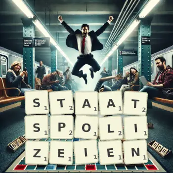 Kreative Illustration für ein Scrabble-Spiel, bei dem das Wort STAATSPOLIZEIEN mit Steinen auf dem Brett gelegt wurde.